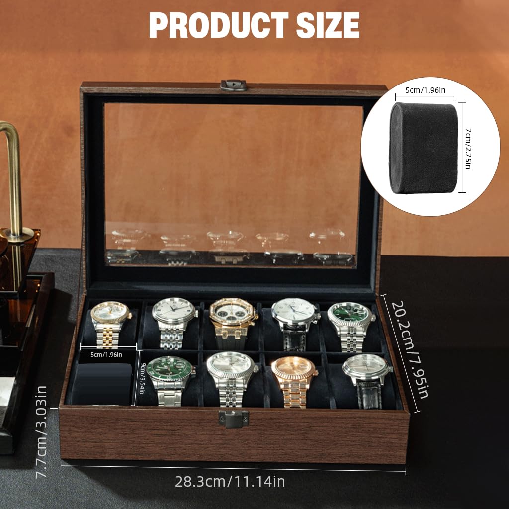 SANNIDHI Wrist Watch Organizer Box for 10 Watches with Clear Window and Velvet Liner | Wooden Display Holder 28.3x20.2x7.7cm