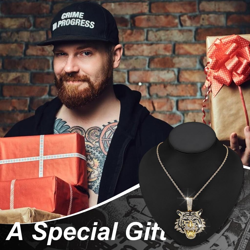 SANNIDHI Men's Tiger Head Necklace with Rhinestones for Bold Style | 24 in Gold Alloy Gift