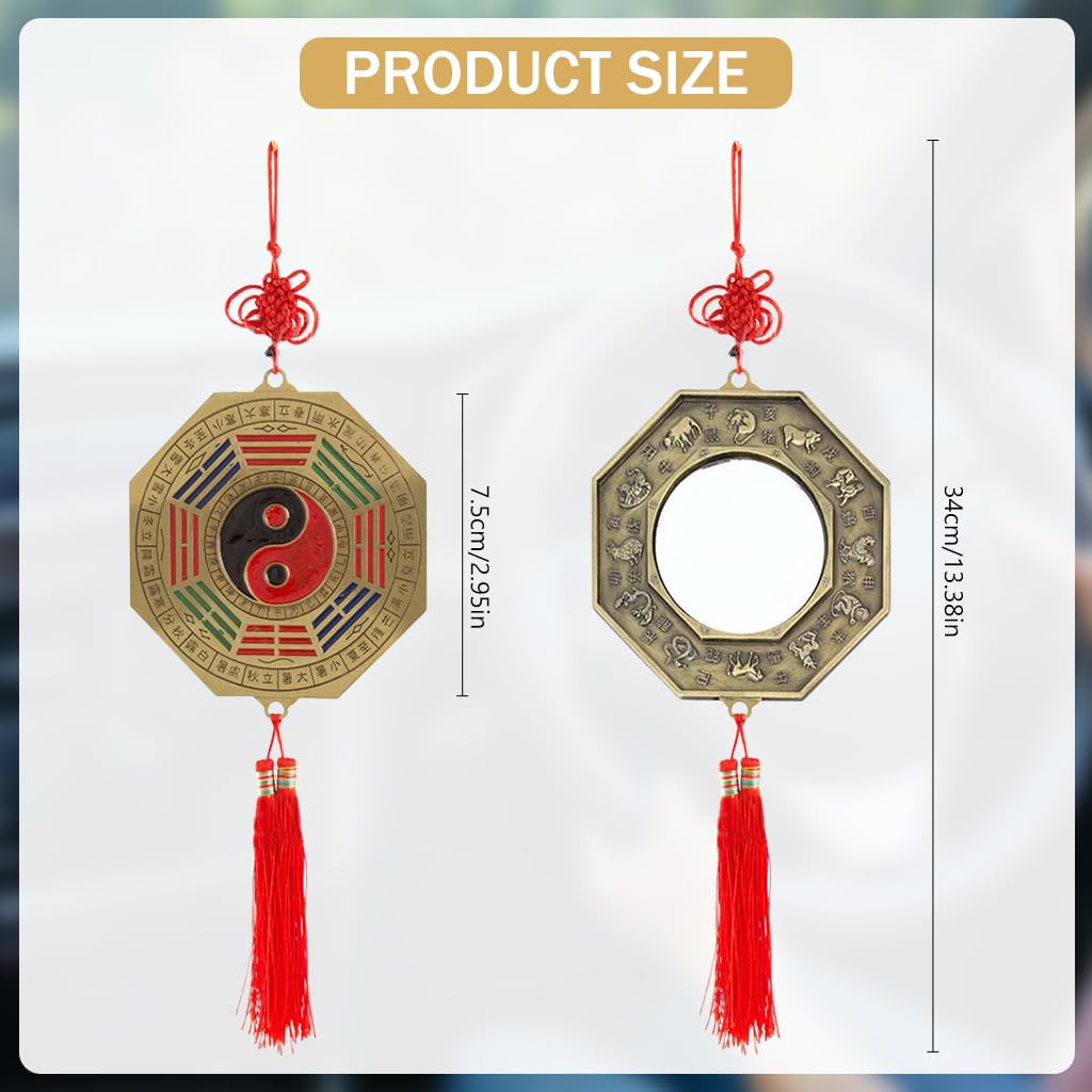 HASTHIP® Chinese Feng Shui Bagua Mirror Feng Shui Bagua Brass Mirror Yin Yang Chinese Zodiac Engraved Bagua Mirror Auspicious Red Chinese Knot Bagua Chien Kun Mirror Wall Home Decor, 10cm