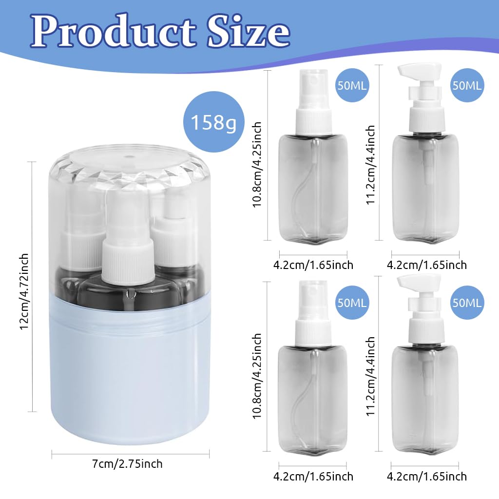 MAYCREATE® 4 in 1 Travel Bottles for Toiletries, 50ml Spray Bottle & Lotion Bottle Kit, Portable Travel Toiletry Bottles with Case, Leak-Proof Refillable Small Bottles for Travel for Shampoo Liquid