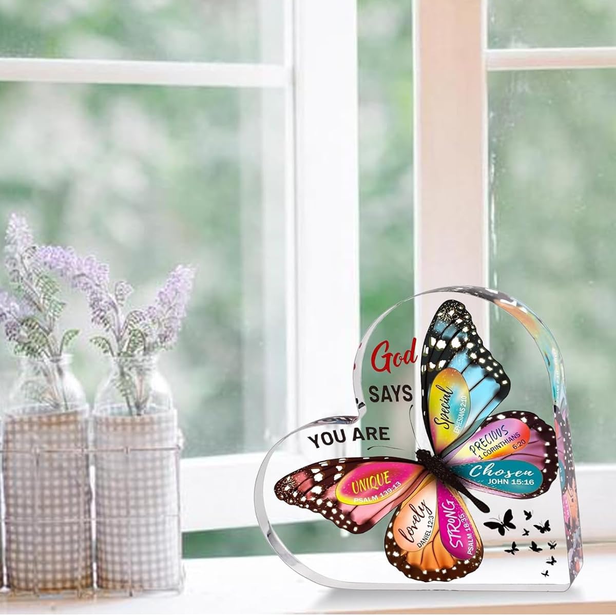 HASTHIP Inspirational Christian Desk Decor for Women with 15x15x1.5 cm Heart Acrylic Ornament | Faith Gift Featuring UV Printed Butterfly Design