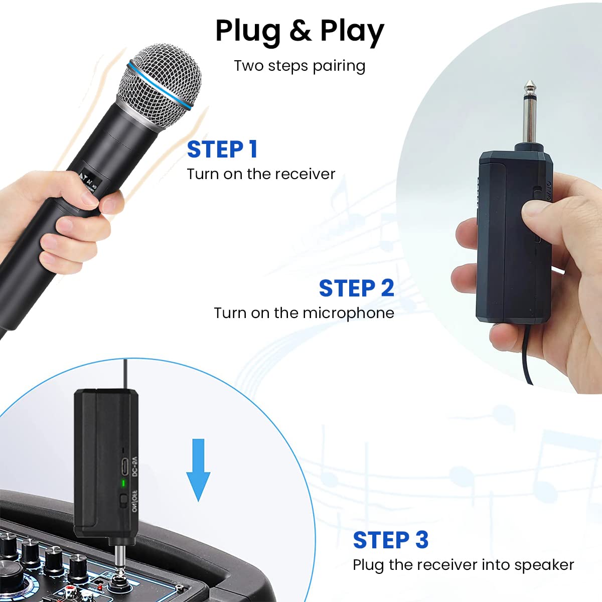 ZORBES® Handheld Wireless Microphone with Bluetooth Receiver Cardioid Dynamic Microphones Mic with 6.35mm Jack to 3.5mm Jack Adapter for Karaoke Machine, Speaker, Mixer, Audio System