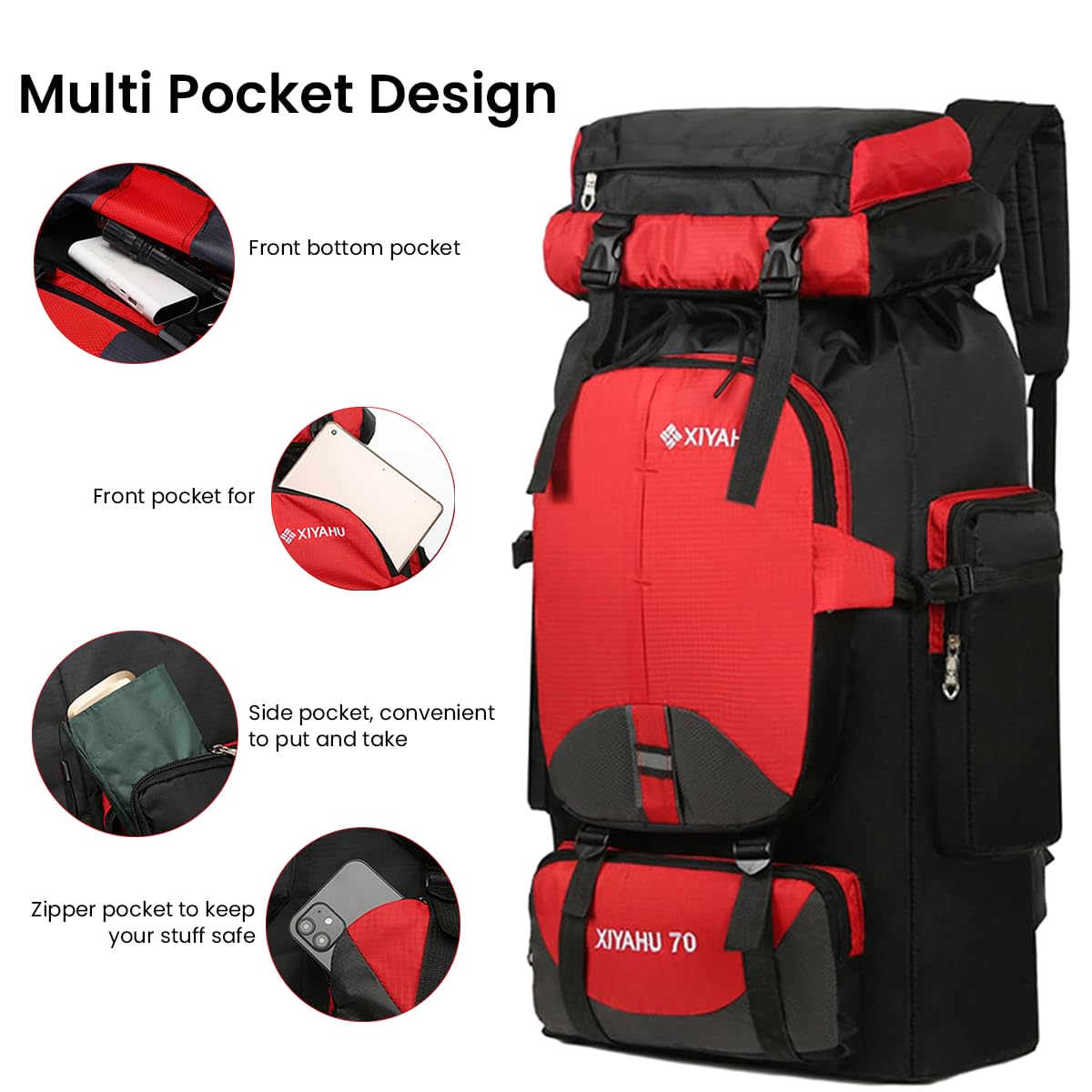 GUSTAVE Travel Backpack for Hiking and Camping 70L with Ergonomic Burden Relief | Waterproof Nylon Rucksack