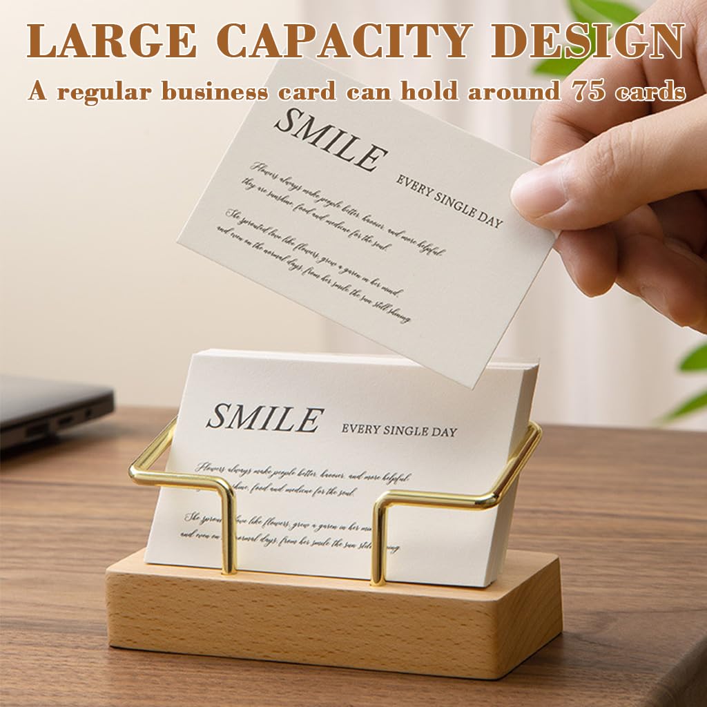 OFIFO Business Card Holder Stand for Office Desk featuring Golden Wire and Wooden Base | Fits 70 Cards 4.33x1.81x2.05 in