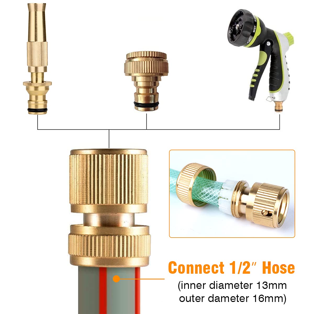 HASTHIP Brass Water Spray Gun Car Wash Nozzle, High Pressure Nozzle Spray Water Gun, Water Jet Hose Nozzles, Suitable for 1/2  Inch Hosepipe (Inner Diameter 13mm Outer Diameter 16mm)