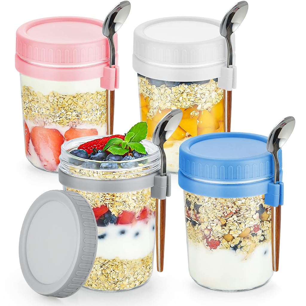 Supvox Overnight Oats Containers for Breakfast with 12oz Glass Jars and Anti Leak Lids | Set of 4