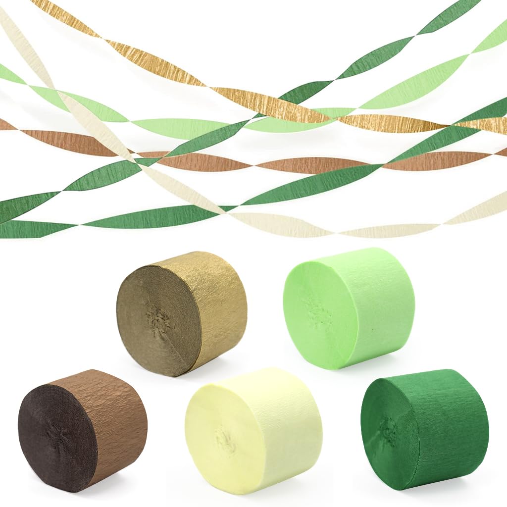 HASTHIP® 5 Rolls Party Decorations Paper Streamers - Green & Gold Crinkle Paper for Camp Bachelorette, Baby Shower, Wedding, Bridal Shower, Engagement Party Supplies Décor, 1.7 inches x 82 ft Per Roll