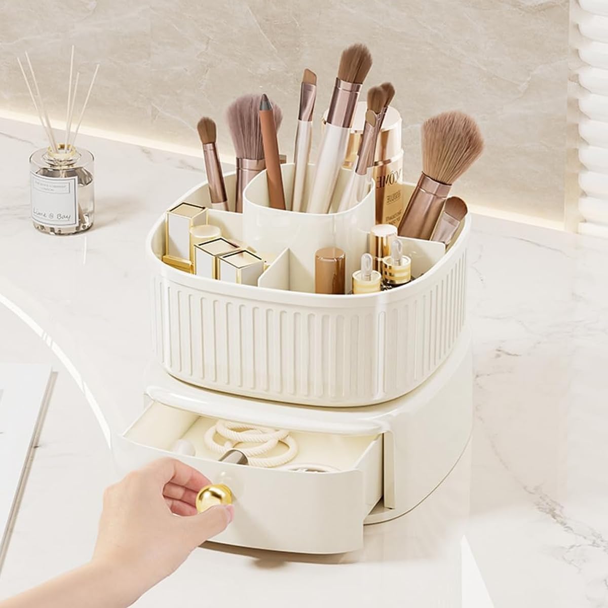 MAYCREATE Makeup Organizer Box for Vanity with 360° Rotating Holder and Drawer | Ivory ABS Storage