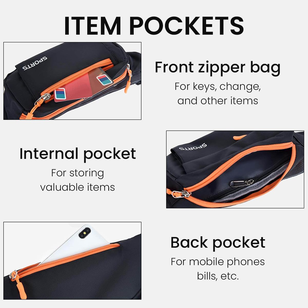 GUSTAVE Waist Bag for Travel and Daily Use with 4 Zipper Pockets 30×10cm | Waterproof Nylon