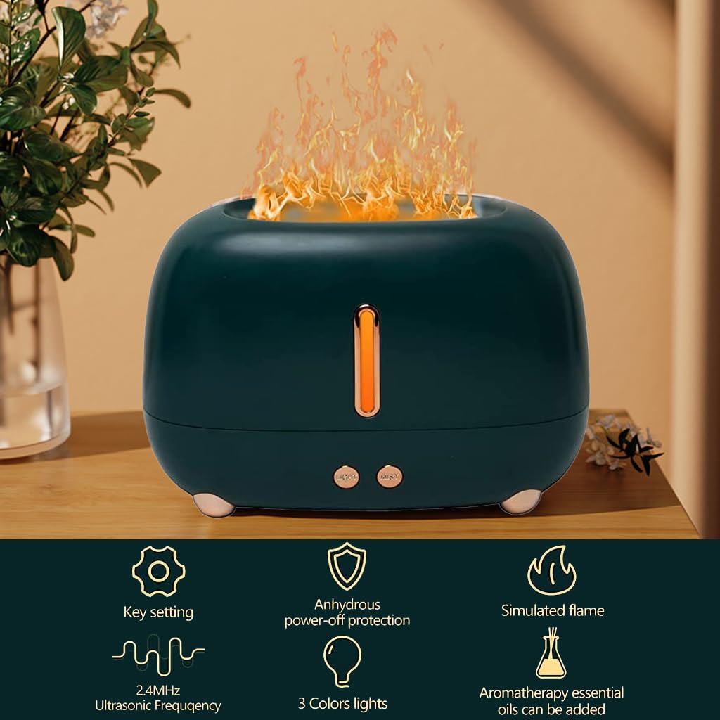 HANNEA Flame Humidifier for Room with 250ml Tank and 3 Color Ultrasonic Mist Light | Auto-Off