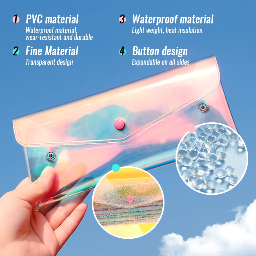 MAYCREATE® Pencil Pouch for Girls, Iridescent Clear Pencil Case Holographic Bags for Women, Cute Glittery Coin Purse, Small Cosmetic Makeup Brush Bag (20*9cm, Button Closure)