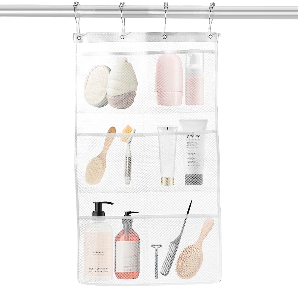 HASTHIP® Bathroom Organizer Bag 6-Pocket Mesh Hanging Organizer for Shower Curtain Rod Mesh Shower Organizer Bag Quick Dry Mesh Shower Organizer Space Saving Bathroom Organizer Pouch