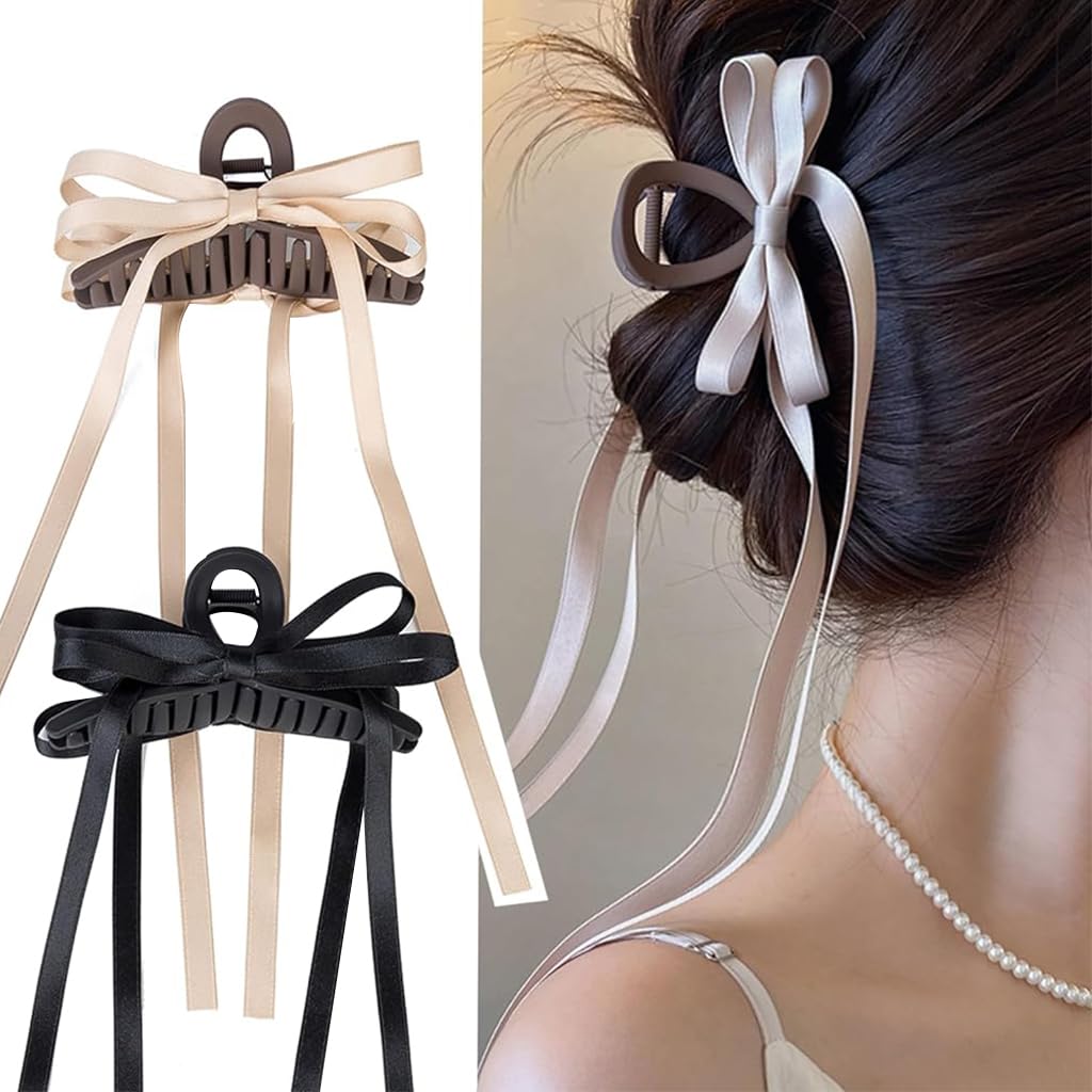 PALAY® 2Pcs Hair Claw Clips for Women Stylish Bow Ribbon Large Claw Clip Non-Slip Matte Claw Hair Clips Strong Hold Barrette for Medium Thick Hair - Brown & Black