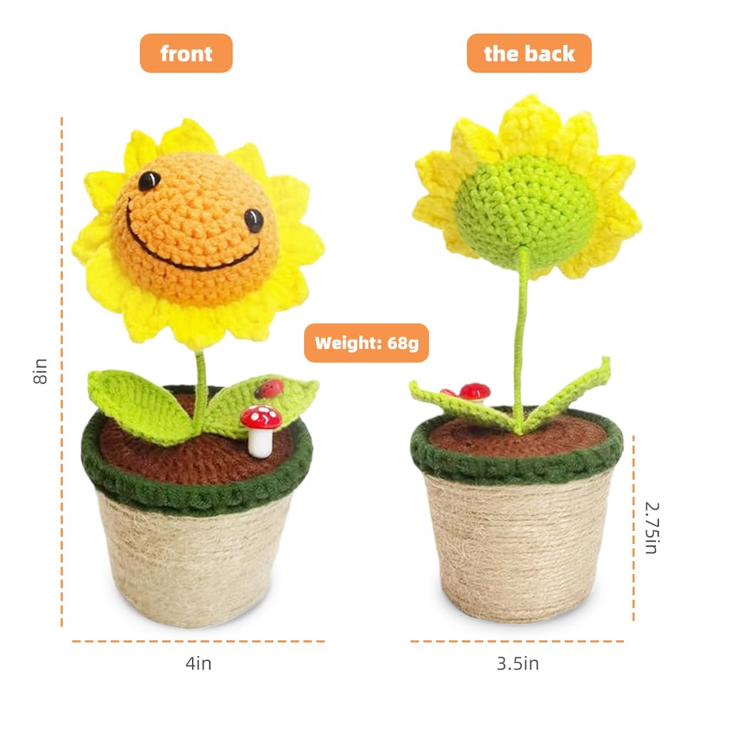 STHIRA Crochet Flower for Desk and Car Decoration with Smiley Sunflower Pot | Handmade Gift