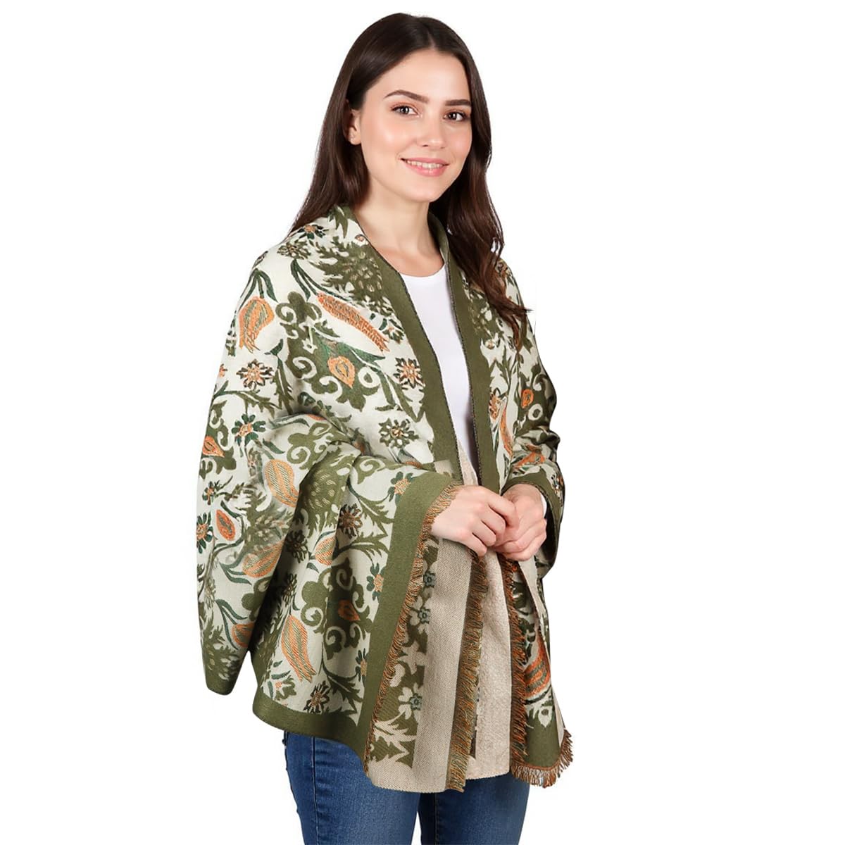SANNIDHI Winter Shawl Wrap for Women with 65x185cm Size featuring Floral Print & Green Scarf Style