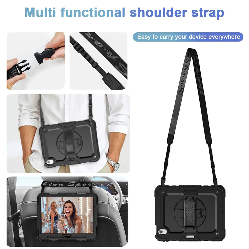 ZORBES Case for iPad Air 11 M3 2025 and M2 2024 with 360 Rotating Kickstand and Hand Strap | Heavy Duty Silicone Protection