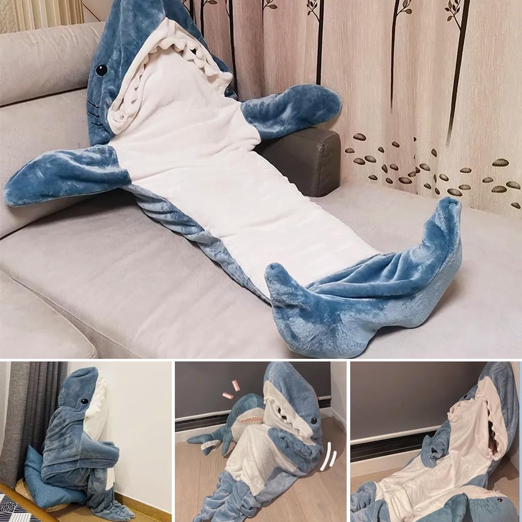 ZIBUYU® Shark Blanket Bag Pajamas for Women and Men Warm Flannel Hoodie Soft Plush Wearable Blanket Sleeping Bag for Adults & Teens Overnight Pajamas Party Shark Onesie Costume, 170cm