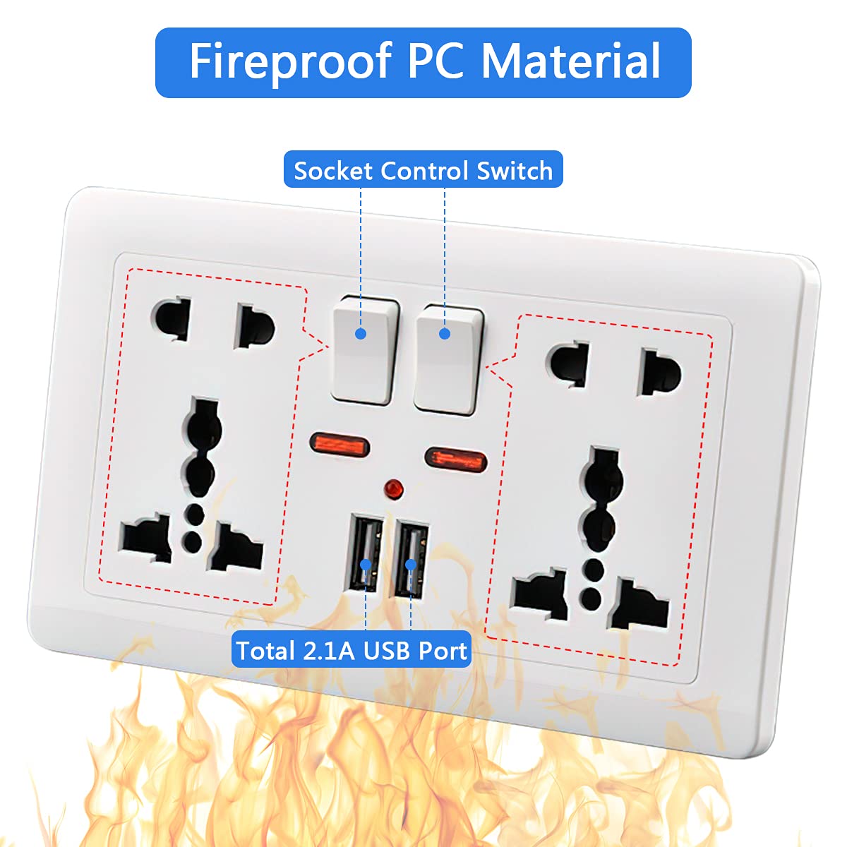 HASTHIP 2.1A 2 USB Multi Plug Socket Switch-Control Wall Socket with Installation Box 13A-250V Charger Power Panel Receptacle 5 Outlet Switch (multi)