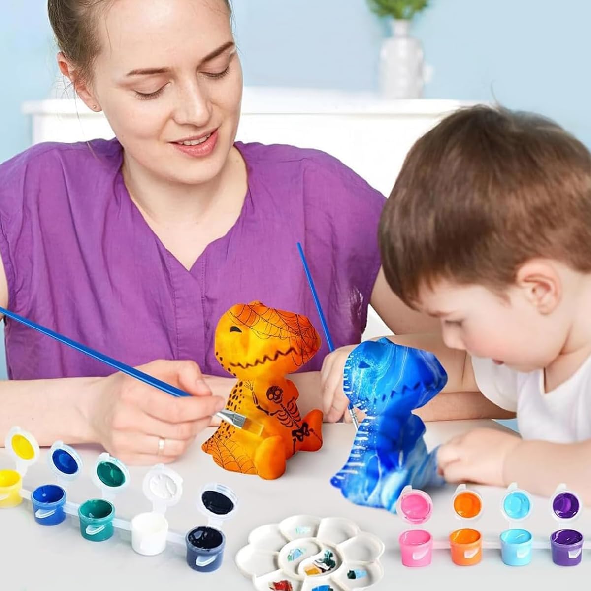 PATPAT DIY Paint Your Own Dinosaur Lamp with 12 Color Paints for Kids & Teens | 4.3in Glow-in-the-Dark Craft Kit