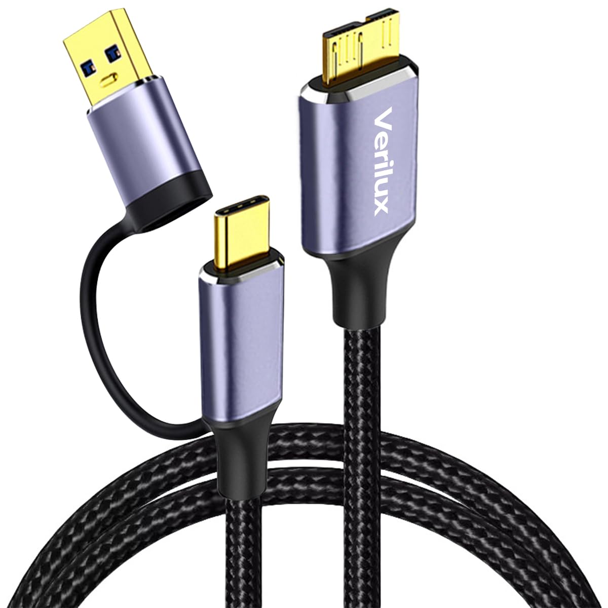 Verilux® Micro B Cable 2 in 1 USB 3.0/Type C to Micro B Cable Type C to Micro B Cable 19.6'' Micro B Cable Hard Drives Data Sync Cable Nylon Braided USB  to  Micro B Cable For Seagate WD