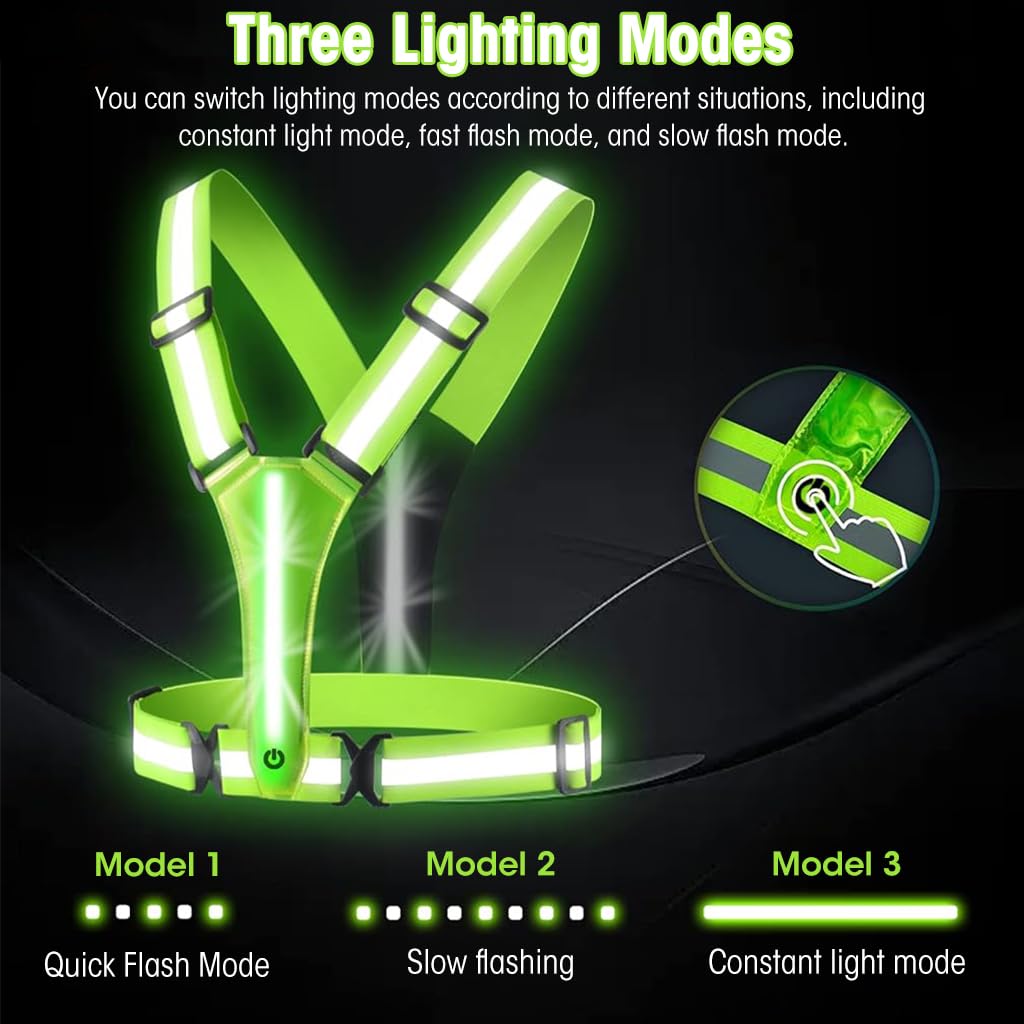 PROBEROS Safety Vest for Running and Cycling with USB LED 3 Lighting Modes | Adjustable Green Reflective Vest for Men and Women