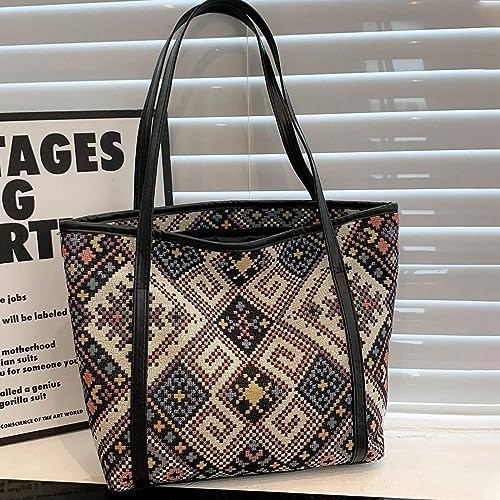 PALAY® Tote Bag for Women Vintage Jacquard Print HandBags With Zipper Closure Leather Large Capacity Shoulder Bag for Shopping, Commuting, School