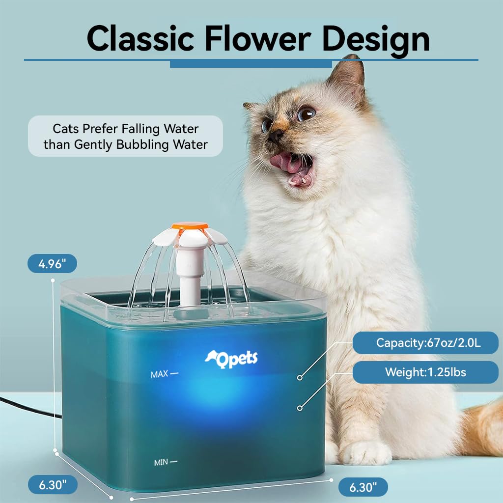 Qpets Cat Water Fountain for Cats and Small Dogs with 2.2L Capacity and Ultra Silent Pump | Cute Floral LED Dispenser in Green