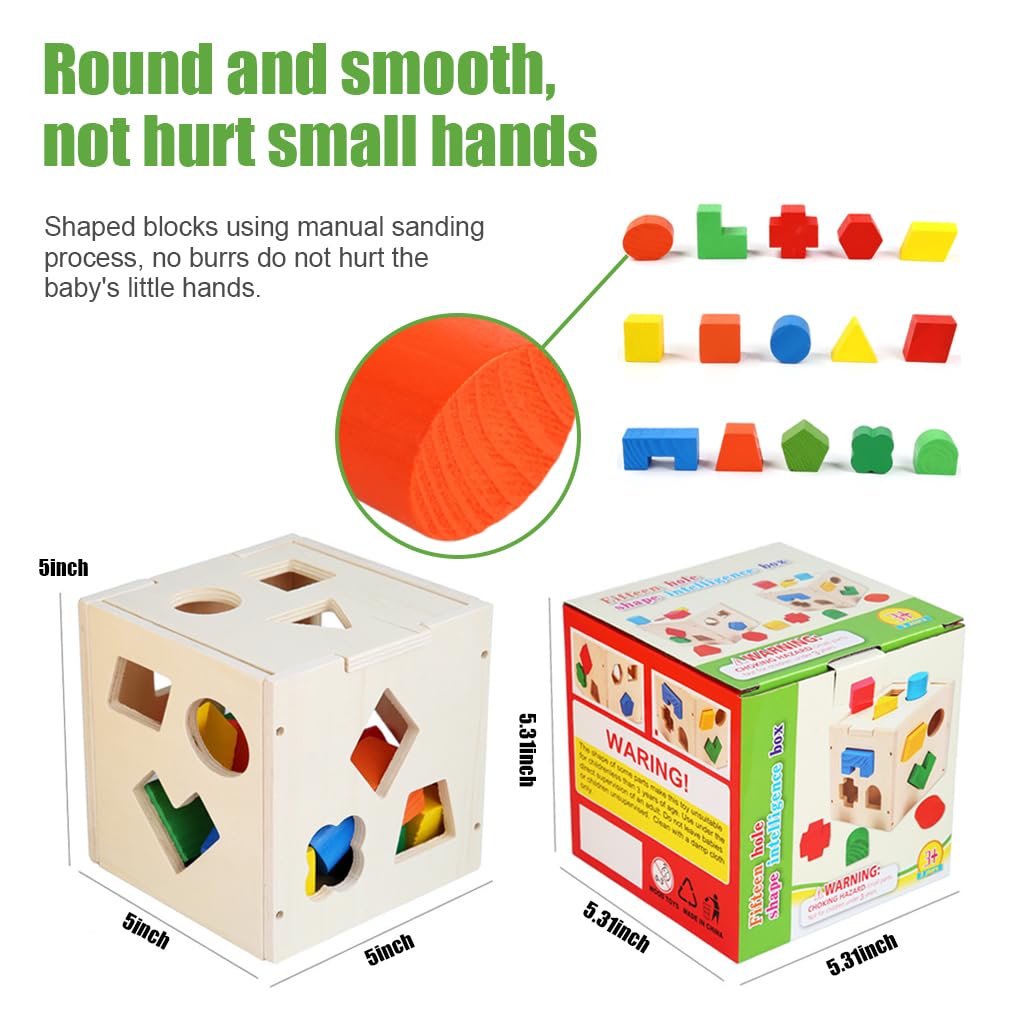 PATPAT Montessori Toy for Kids with 15 Colorful Shapes and Open Lid Wooden Cube | Fine Motor Skill Gift for Ages 2–5