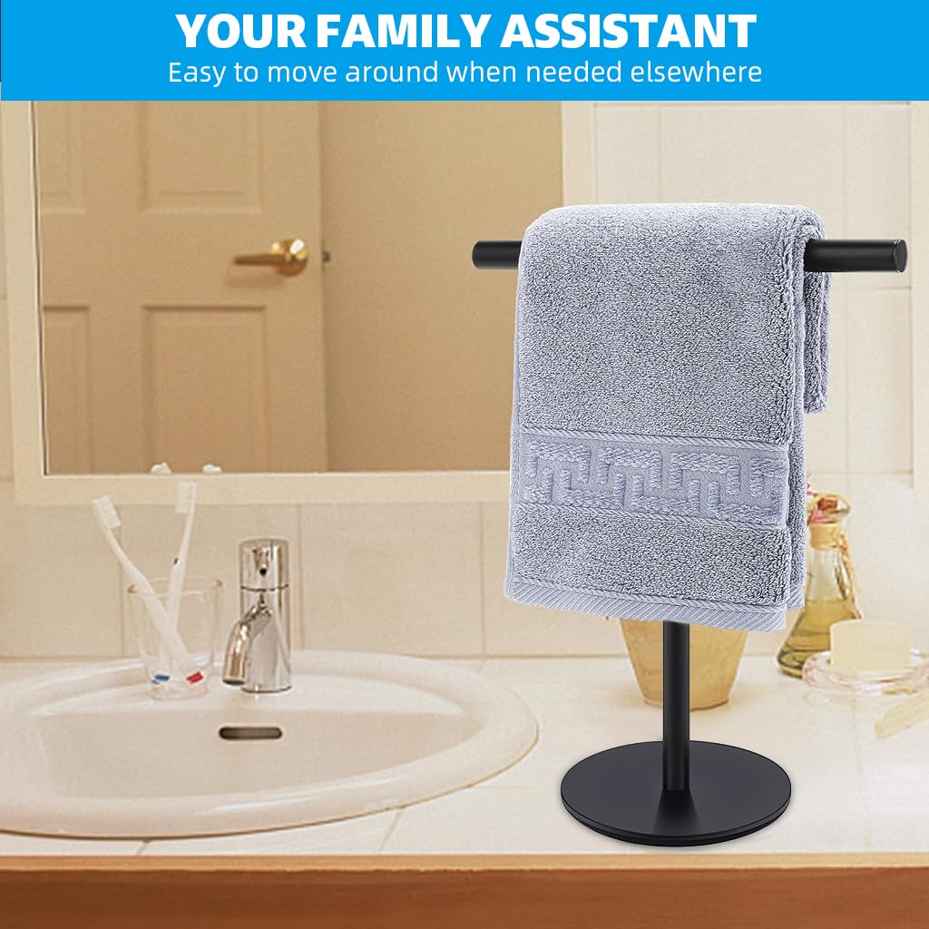 HASTHIP® Towel Rack for Countertop T-bar Towel Rack with Base11.8 inches High Stainless Steel Black Modern Minimalist Bathroom Face Towel Holding Rack Utility Storage Rack for Face Towel, Paper Rolls