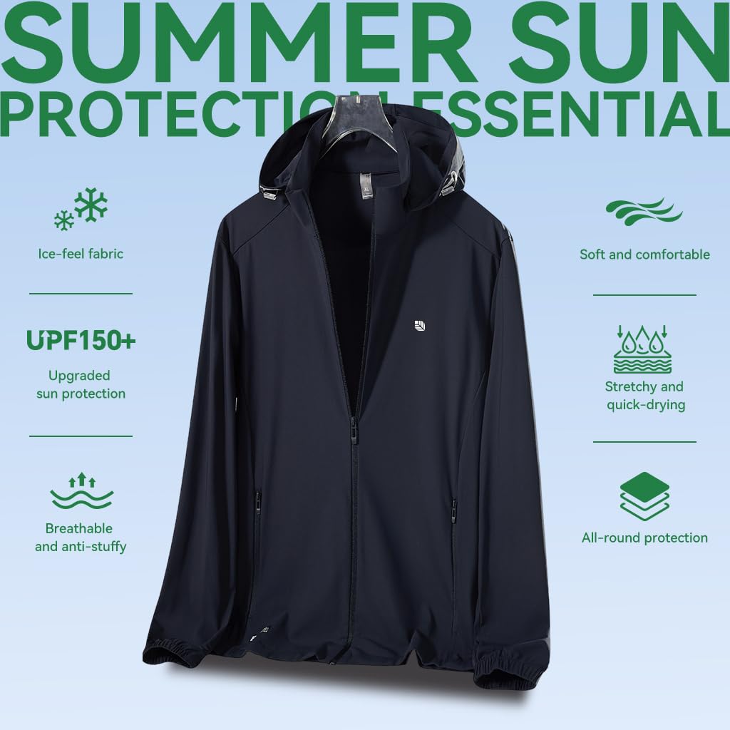 Venzina Sunscreen Jacket for Men with UPF150+ Cooling Ice Silk Fabric | Removable Hood and 2 Zippered Pockets