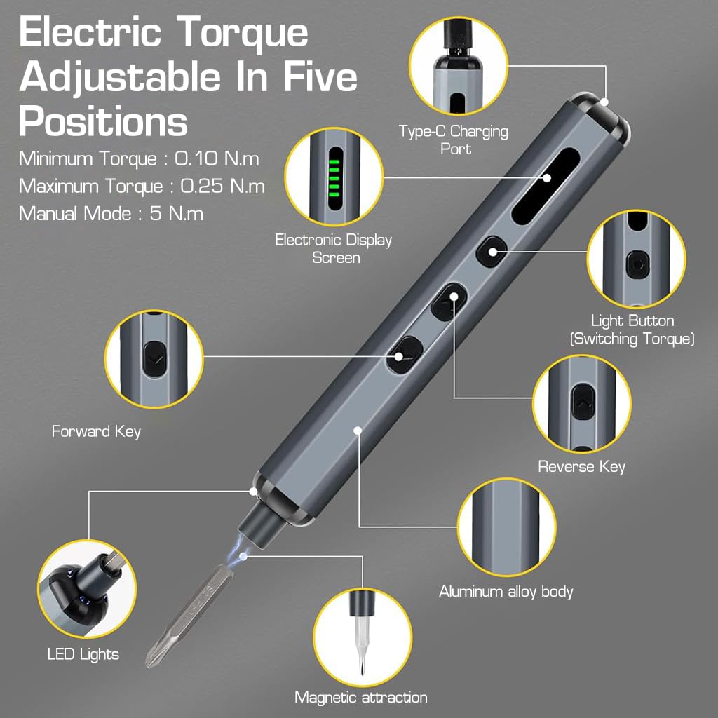 Serplex® Mini Electric Screwdriver with 64 Bits Precision Electric Screwdriver with 5 Adjustable Torques & LED USB Rechargeable Electric Screwdriver for Repairing, DIY Projects