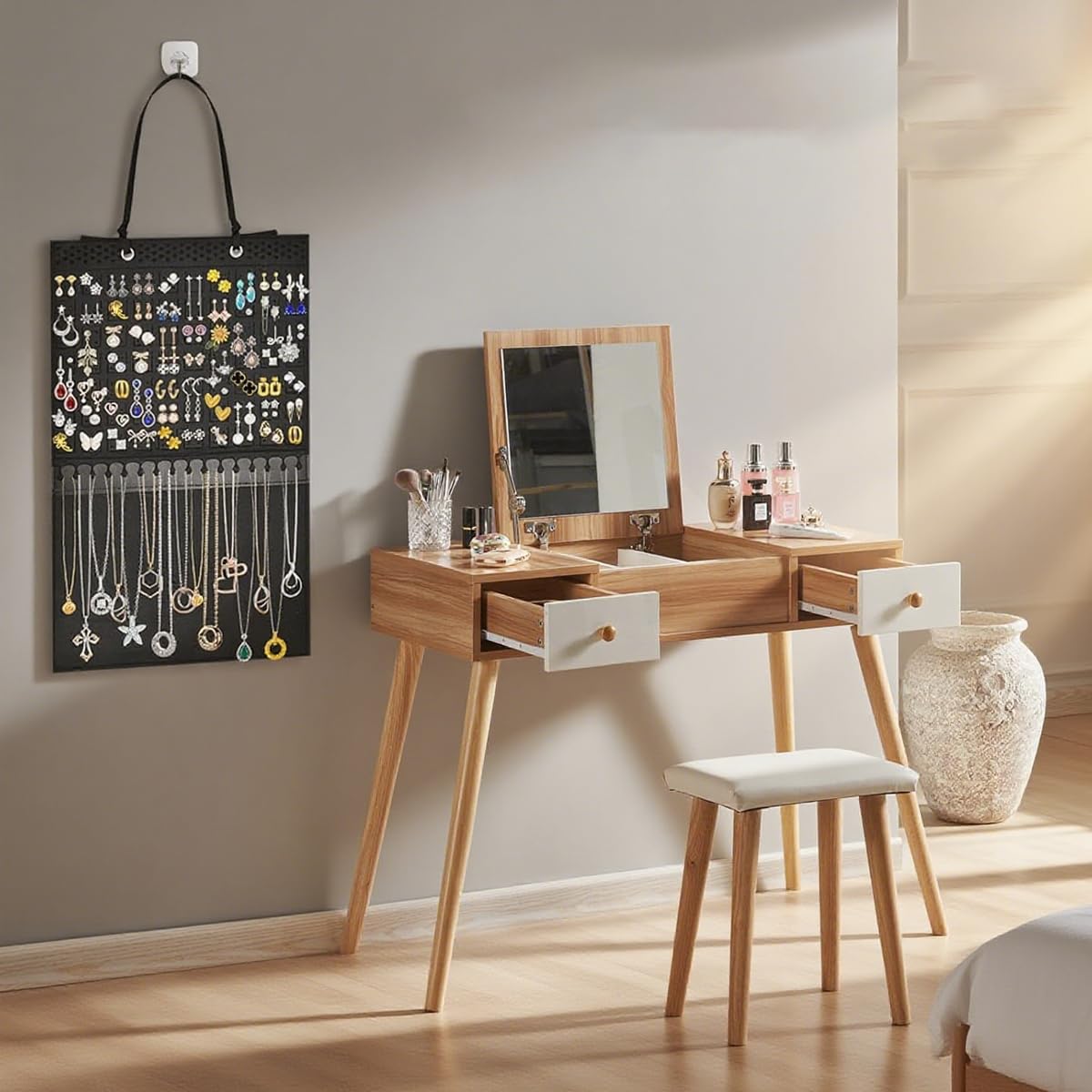 HASTHIP Hanging Jewelry Organizer for Earrings and Necklaces with 140 Holes and 16 Hooks | Felt Display Holder 57×34.5 cm