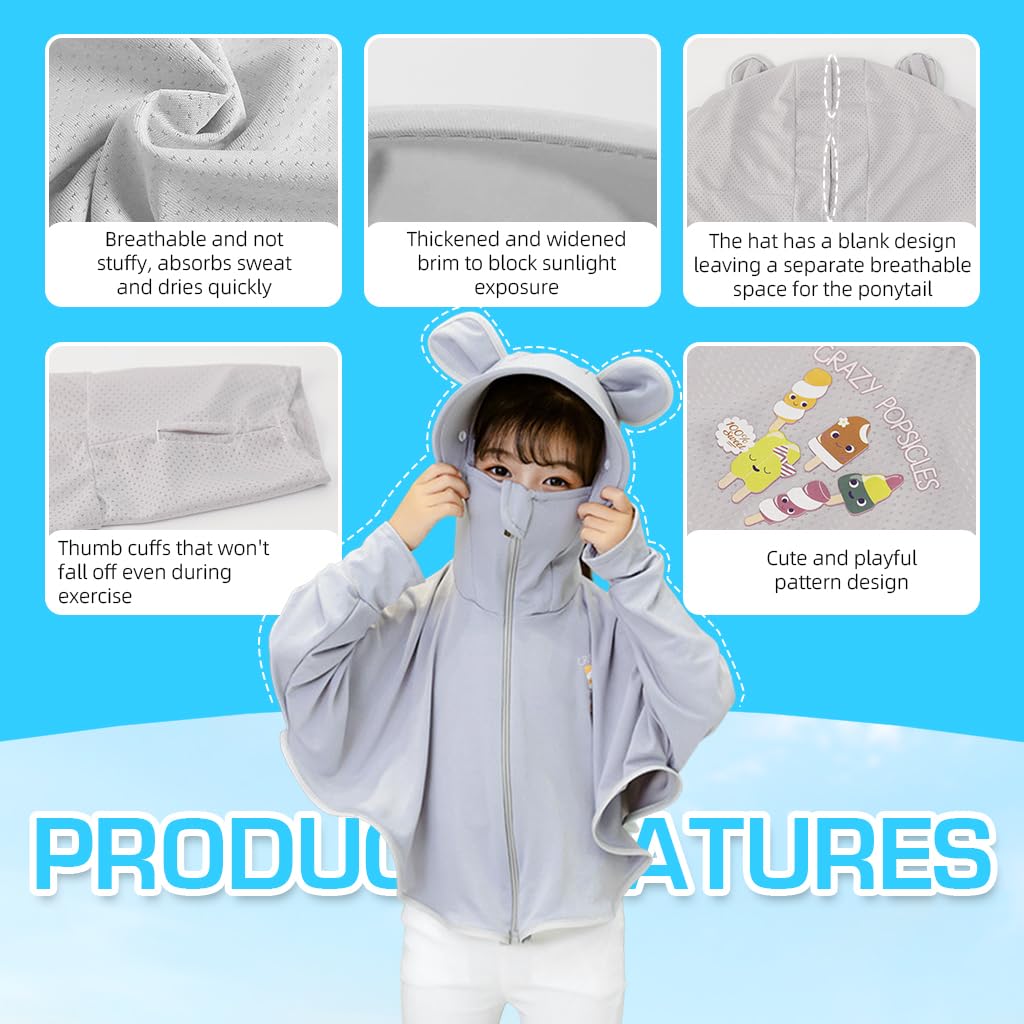 PALAY® Sun Protection Hoodie Toddler UV Protection with Protective Goggles Jacket Girls Long Sleeve Shirt UPF50+ Lightweight Hoodie  with Thumb Hole 3-12Years(Suggested height of 120-140cm grey)