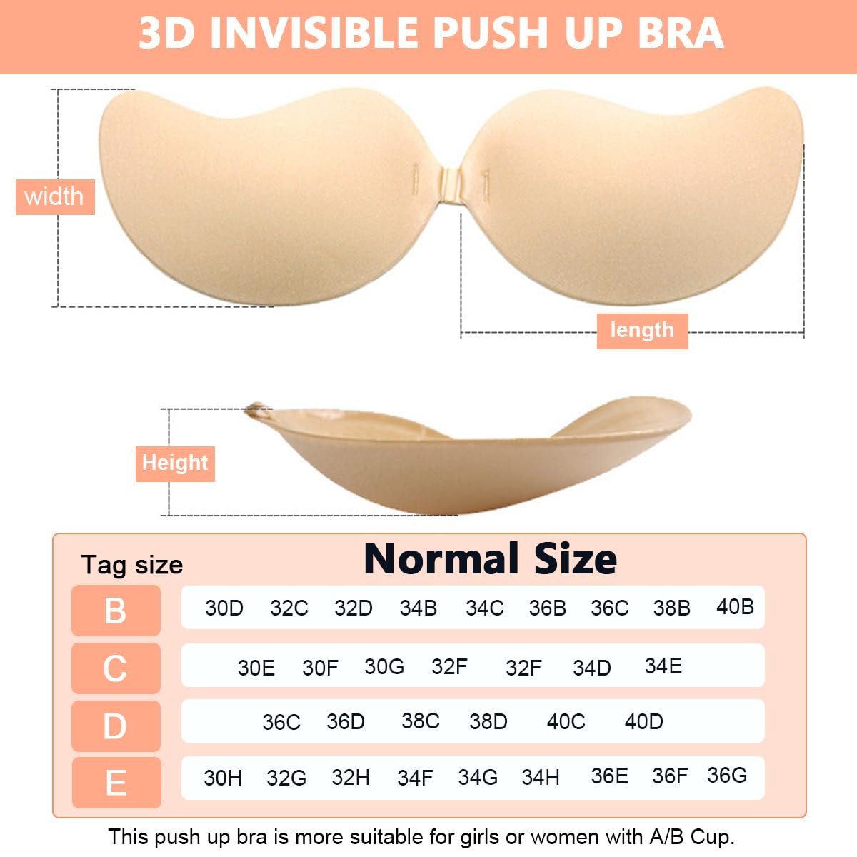 MAYCREATE® 1 Pair Silicone Wire Free Stick-On Bra Padded, Adhesive Bra Upgrad Sticky Invisible Backless Strapless Push Up Bras for Womens Sticky Bra Nipple, Apricot, C