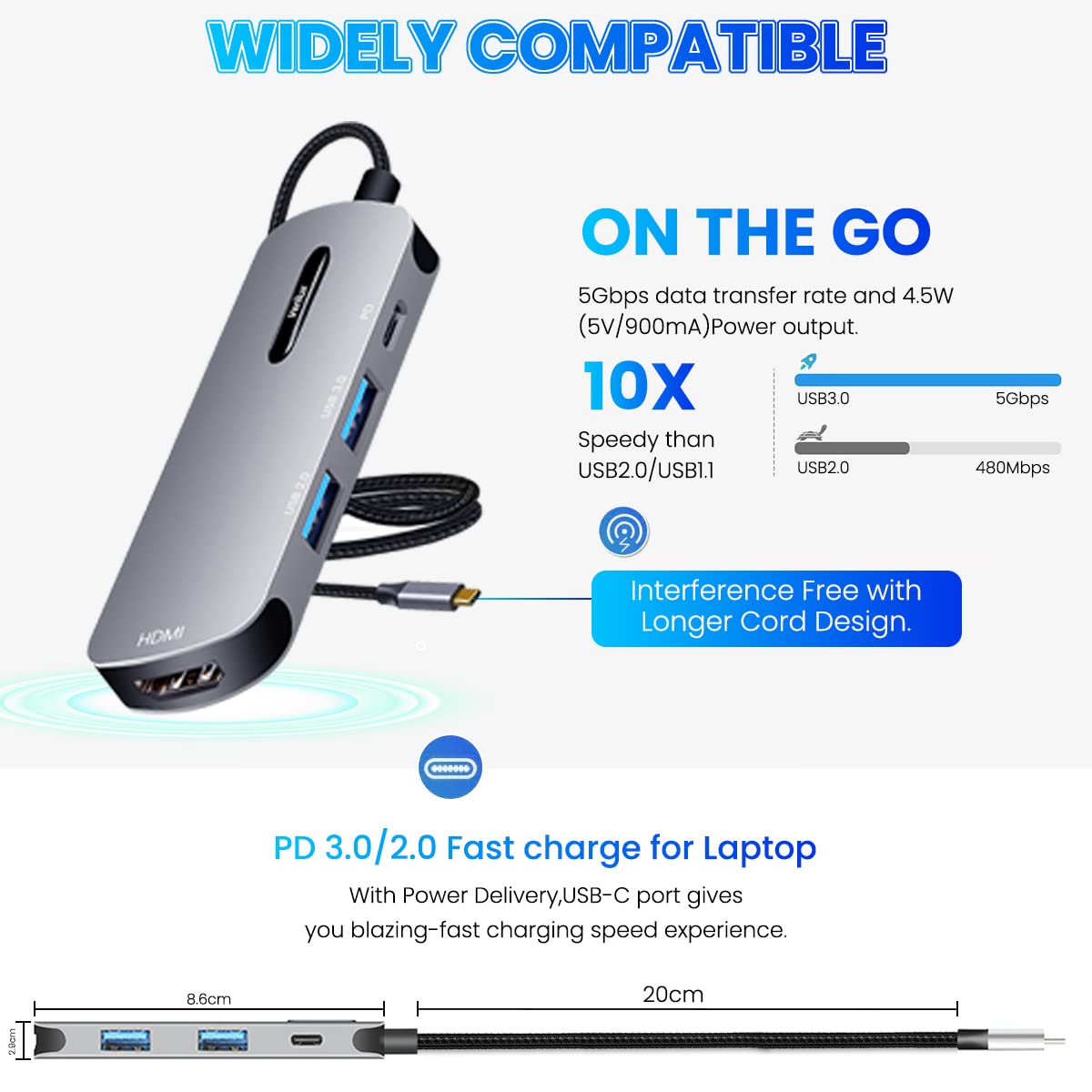 Verilux® USB C HUB 4 in 1 USB C to HDMI Adapter with 4K@30Hz HDMI 2.0/3.0 USB Adapter Multiple Port USB Type C Hub for Laptop with PD 100W & USB C Data Port 20CM USB Hub Long Cable for MacBook Pro Air