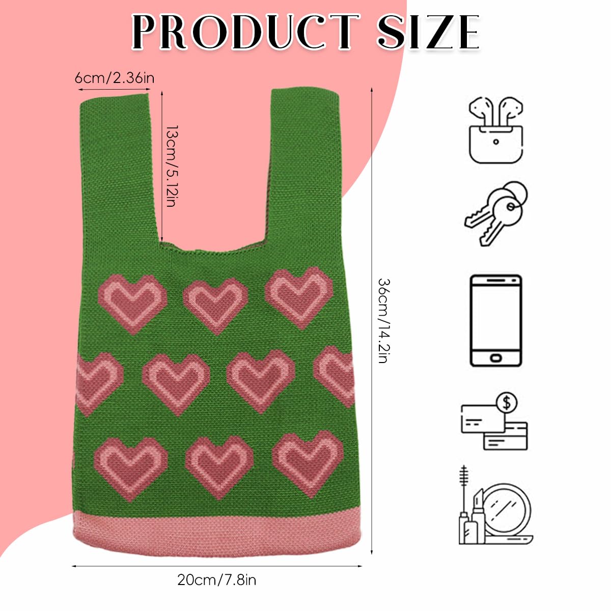 Zibuyu Wristlet Bag for Women featuring Pink Heart Knitted Design and 20x36cm Size | Soft Polyester Small Tote