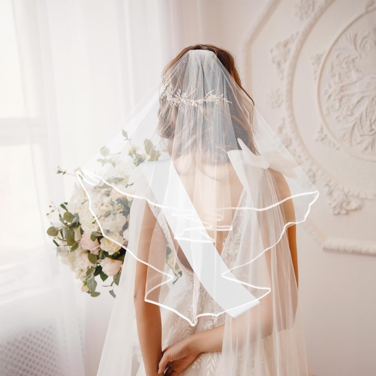 SANNIDHI Wedding Veil for Bride with Lace Veil and Rhinestone BRIDE Sash | Bridal Party Accessory