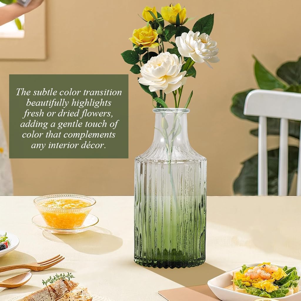 HASTHIP Glass Vase Set for Flower Arrangement featuring 10 Retro Embossed Designs | Transparent Green Gradient Decor