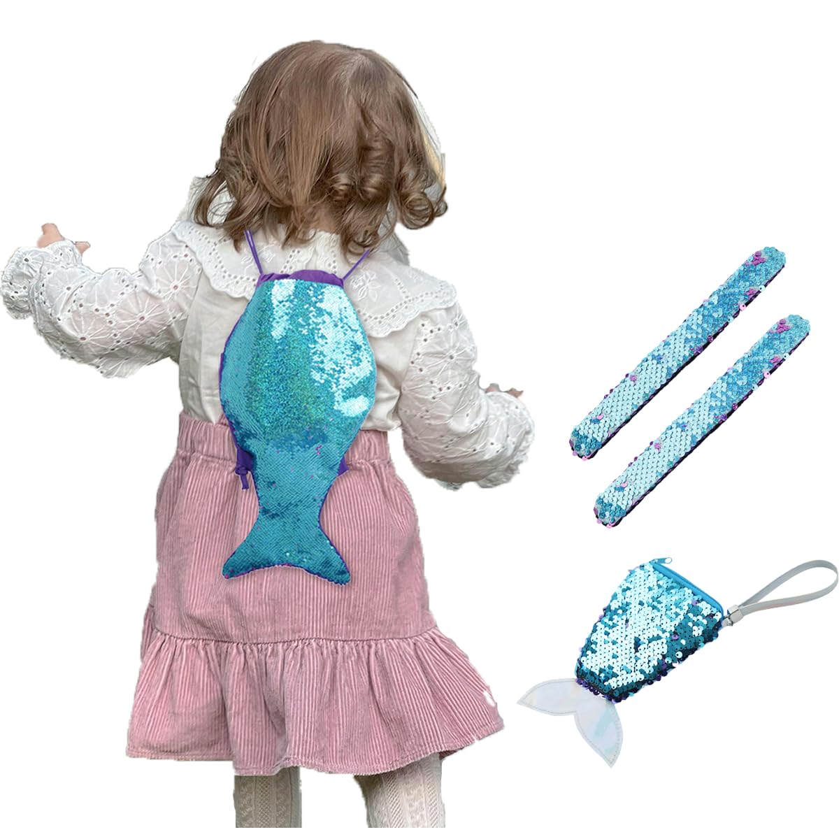 SNOWIE SOFT Drawstring Backpack for Kids with Adjustable Straps and Sequin Mermaid Tail Charm | Waterproof PU Bag and Small Purse Set
