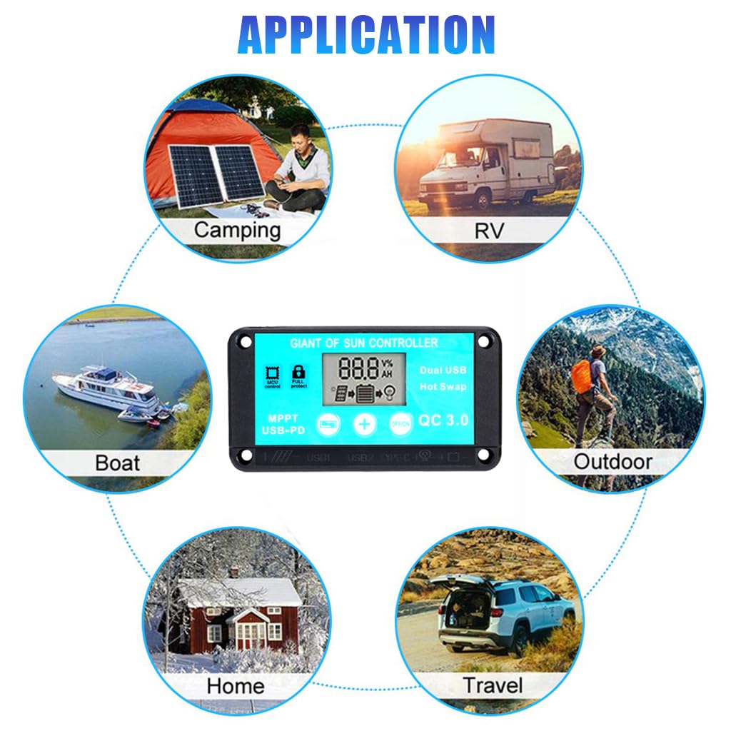 ELEPHANTBOAT Solar Charge Controller 10A for 12V 24V Systems with Dual USB Ports and LCD Display