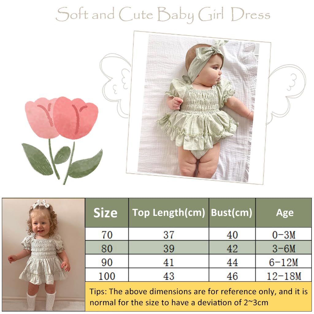 SNOWIE SOFT Baby Dress Bow Headband Set Infant Girls Romper Dress Light Green Princess Baby Dress Short Sleeve Ruched Jumpsuits Skirts Hem Bodysuits Baby Shower Gift for Infant Girls 3-6 Month