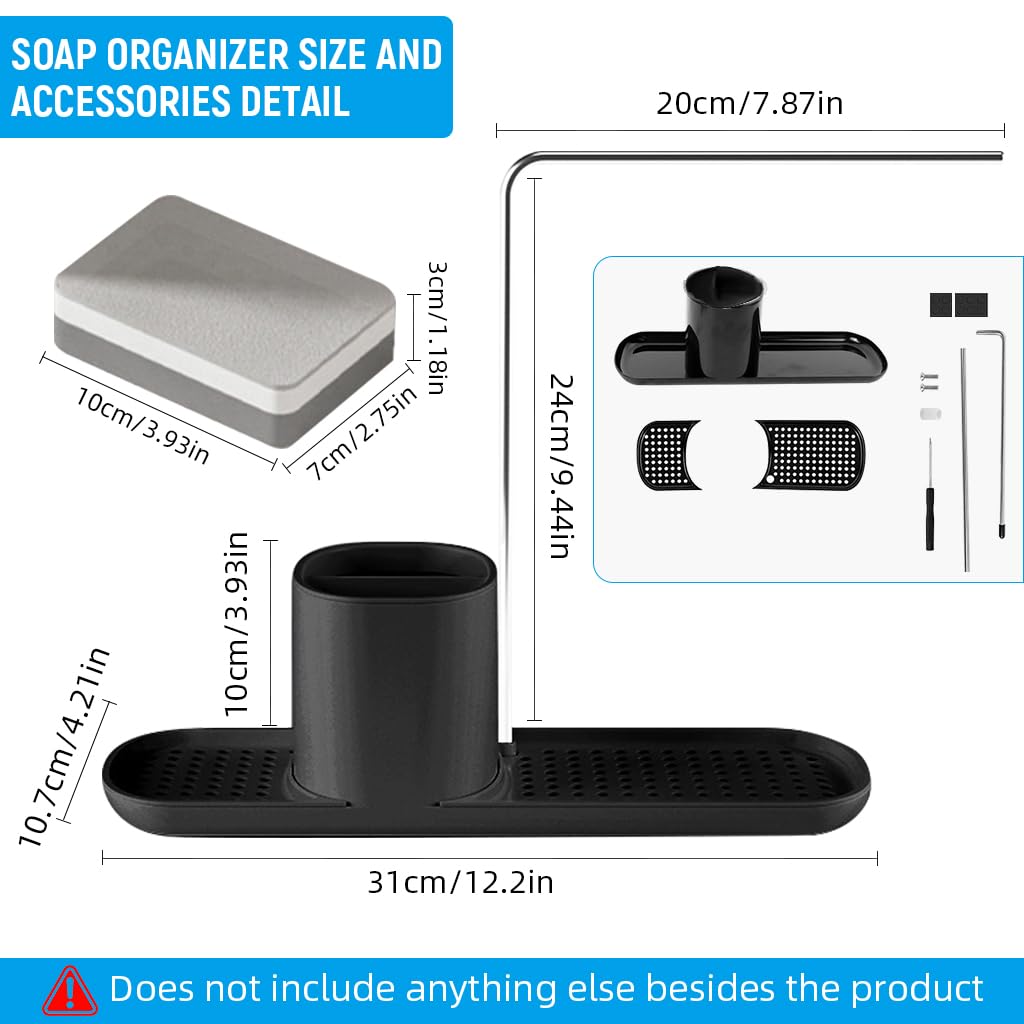 Supvox Kitchen Sponge Holder for Sink with Dual Draining Compartments and Towel Rack | Black Cotton Organizer