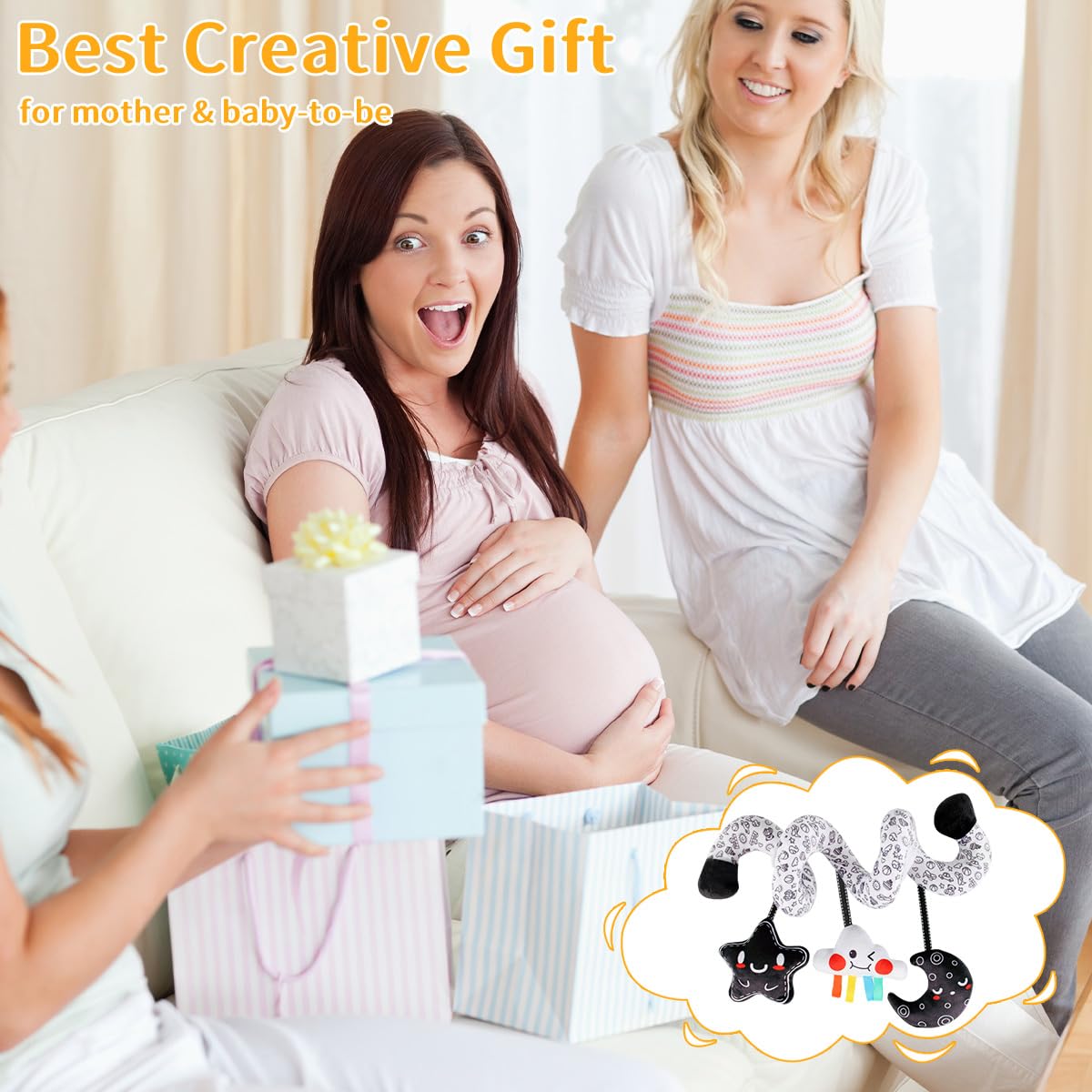 SNOWIE SOFT Star and Moon Stroller Toy for Crib Use with Spiral Design and Plush Fabric | Sensory Play for 6–12 Month Babies