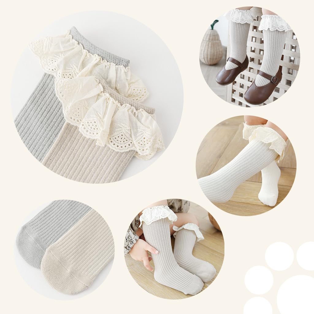 SNOWIE SOFT Baby Socks 2 Pairs for Newborn Girls with Lace Edge and Elastic Cuffs | Soft Cotton Knee High Design
