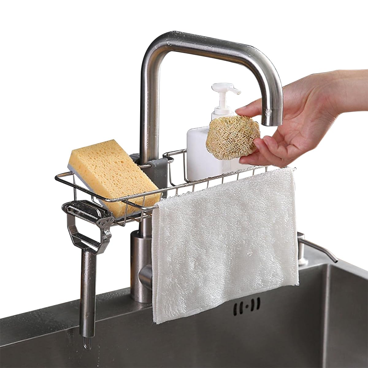 Supvox® Kitchen Sink Caddy Organizer, Sponge Holder Over Faucet Stainless Steel Detachable Hanging Faucet Drain Rack for Kitchen Bathroom, Scrubbers, Soap (Large Size, 15x17cm)