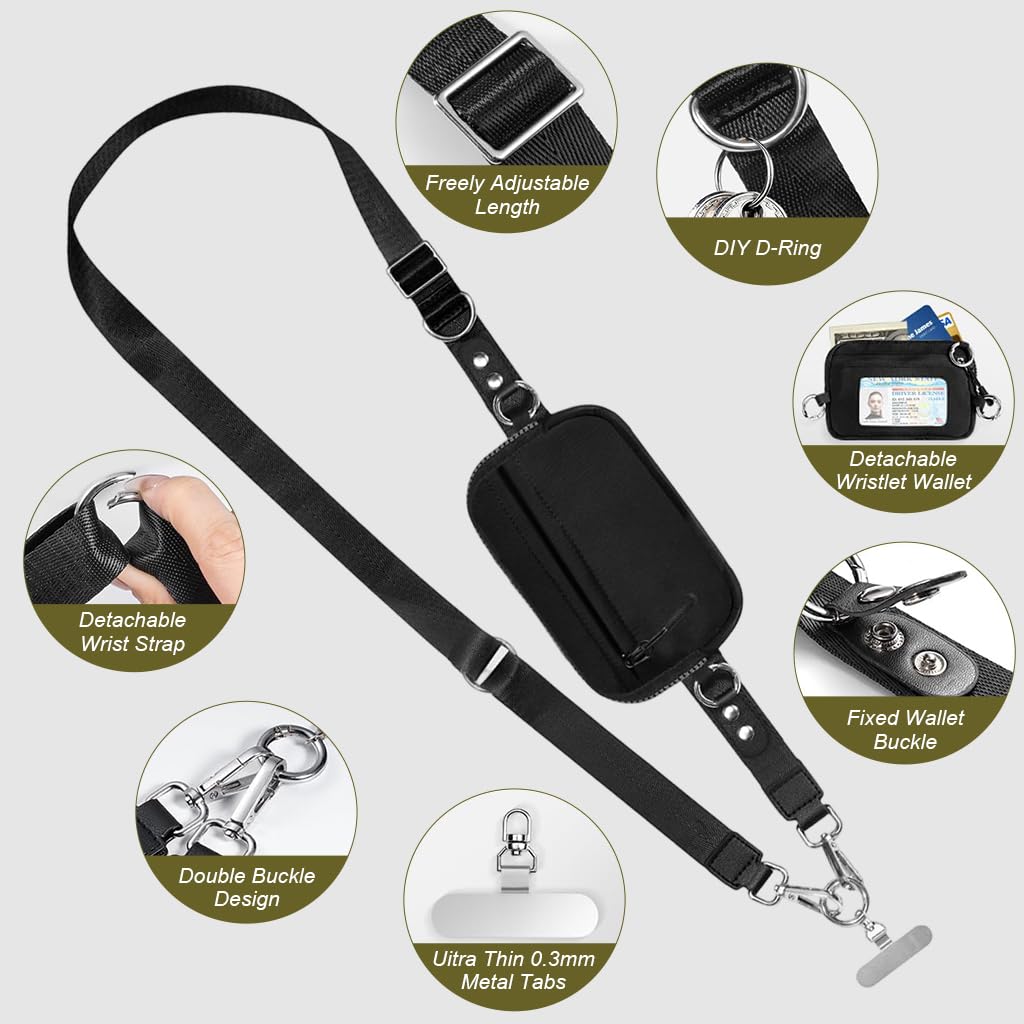 ZORBES 2 in 1 Phone Sling Strap with Zipper Pouch for Travel and Outdoor Use | Stainless Steel Tether Tabs and Adjustable Neck Lanyard