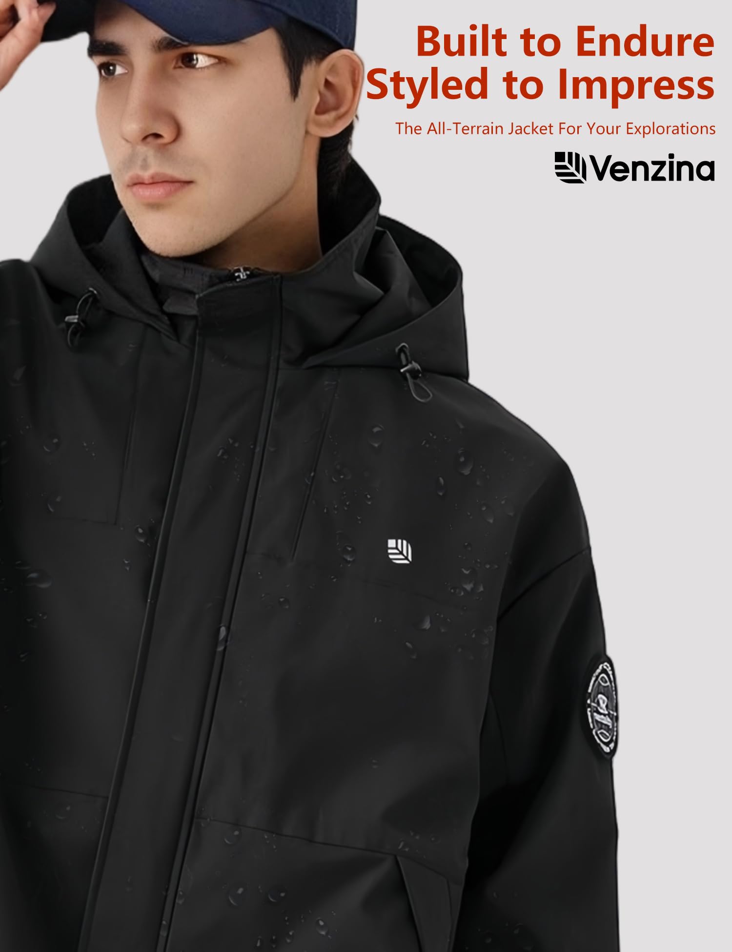 Venzina Men's Modular Tech Wear Jacket for Urban Outdoor Style with Waterproof Shell | Black Hooded Abrasion Resistant Design