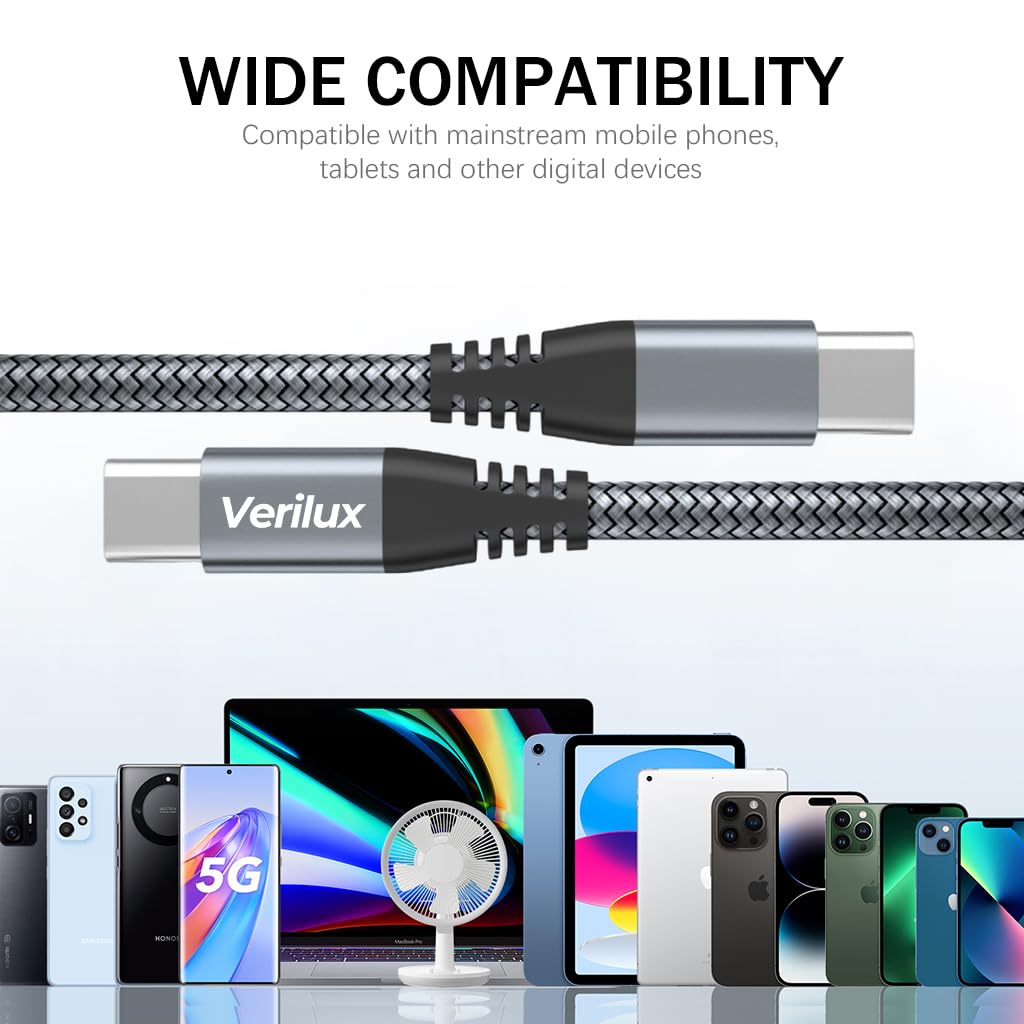 Verilux Type C Charging Cable for Phone PD 60W Fast Charging Type C Cable 10ft Long Type C to Type C Cable Data Cable Phone Charging Cable Long Braided Nylon Type C Cable for Phone, Tablet
