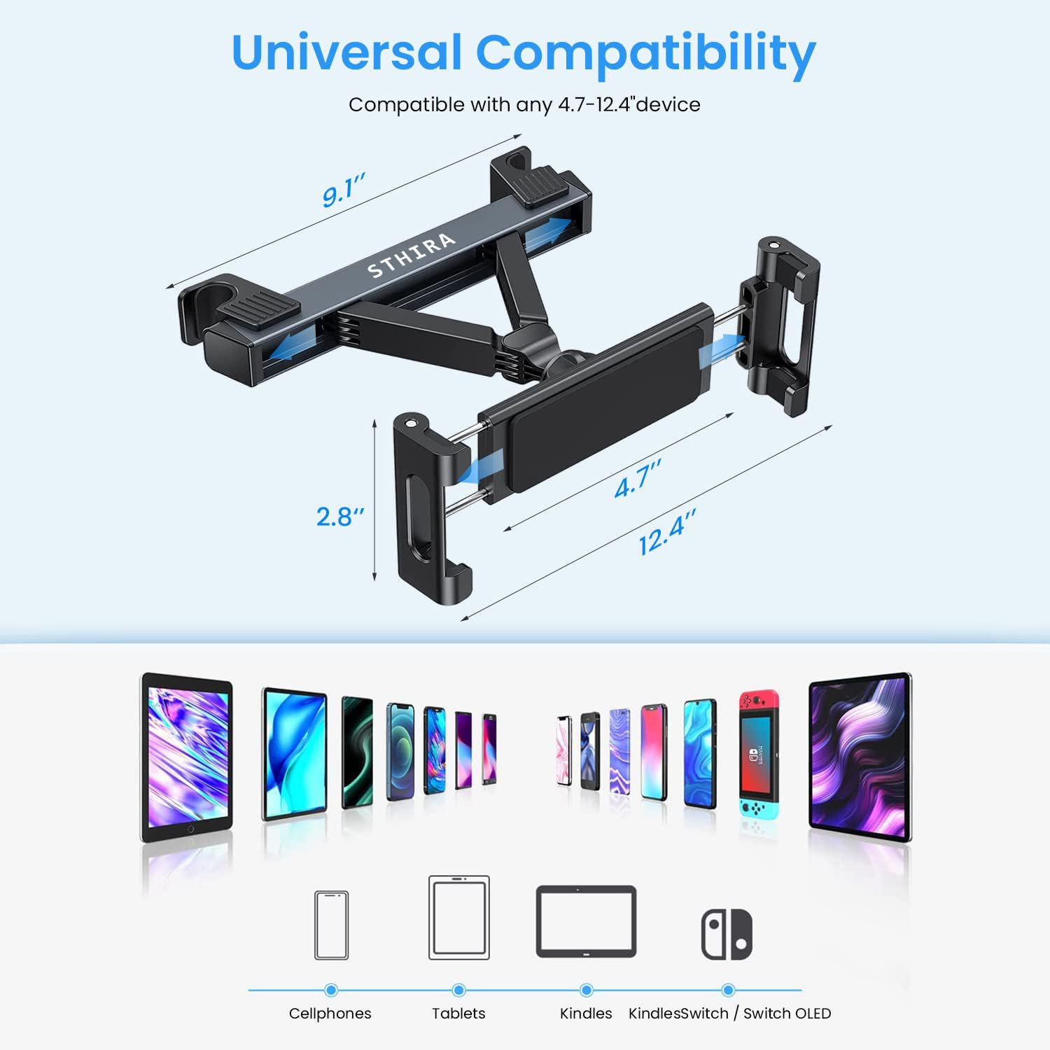 STHIRA Tablet Holder for Car with 360° Rotation and 13–20 cm Adjustable Arm | 3 PCS Aluminum Mount