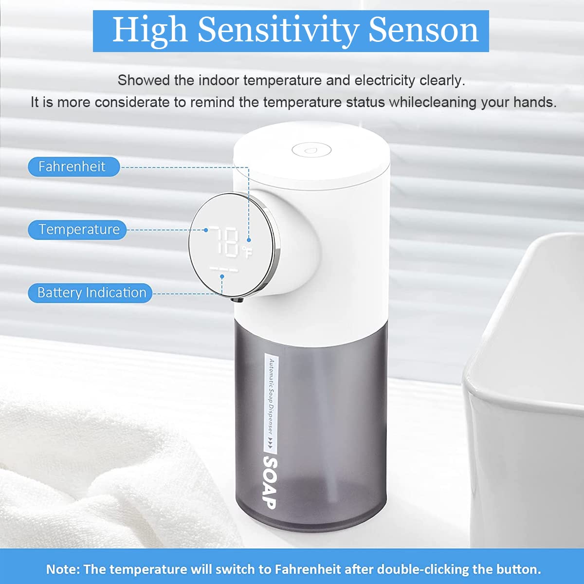 HASTHIP Soap Dispenser for Bathroom 1500mAh Automatic Touchless Soap Dispenser 320ml Liquid Soap Dispenser for Kitchen Sink LCD Temperature & Battery Display Sanitizer Gel Foaming Handwash Dispenser